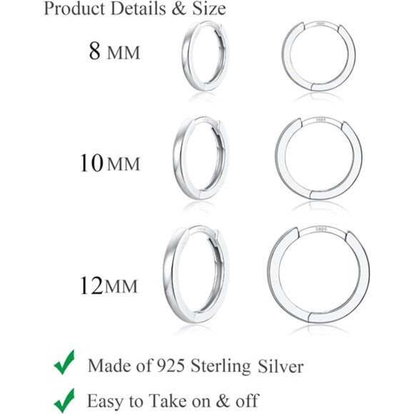 3 Pairs 925Sterling Silver Hoop Earrings 14K White Gold Plated Small Silver Hoop - Picture 2 of 6